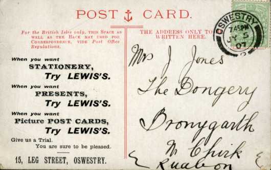 Reverse of card posted in Oswestry 5th July1907